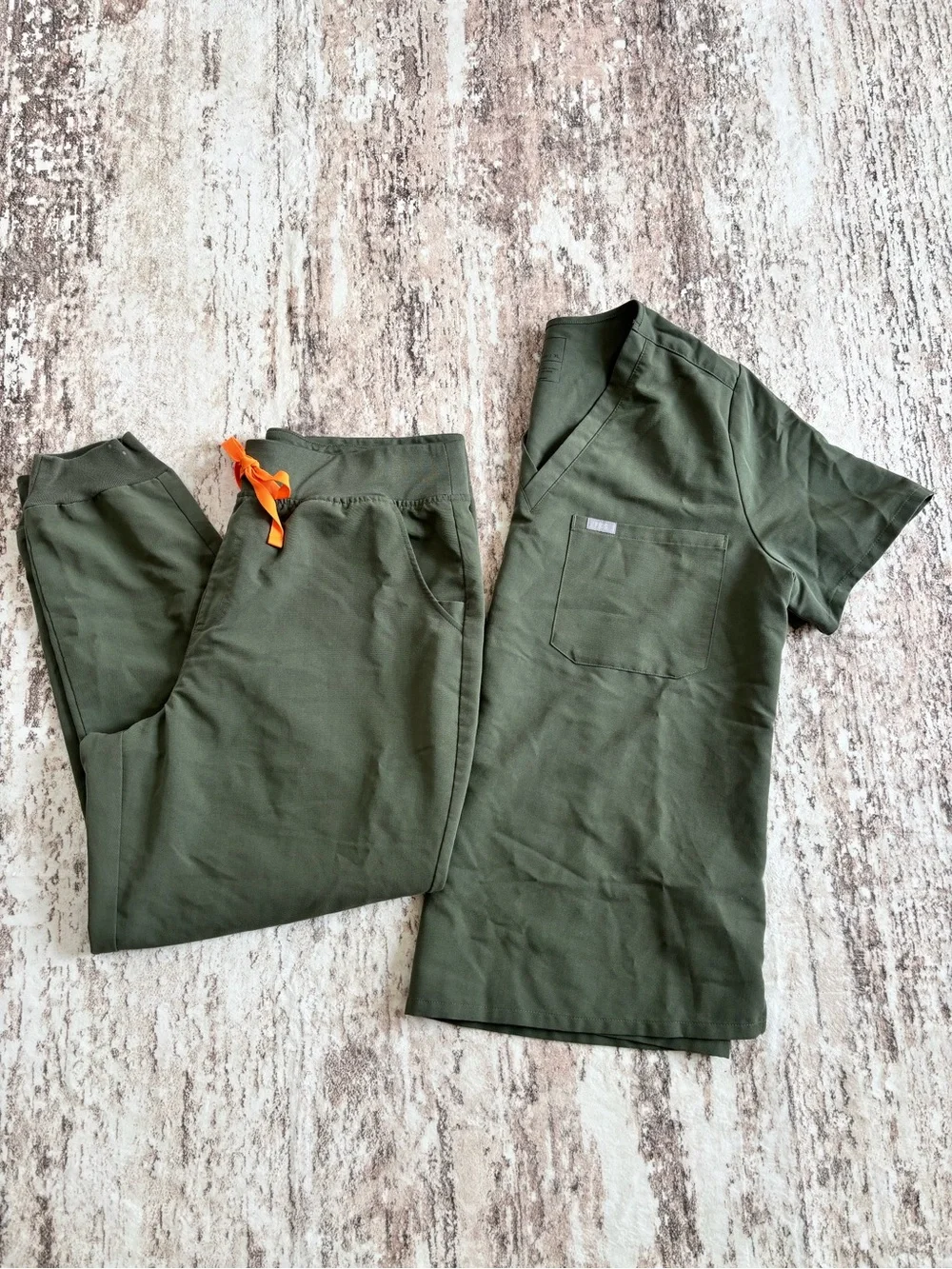 Figs Olive Green Scrub Top & Jogger Set with Orange Drawstring